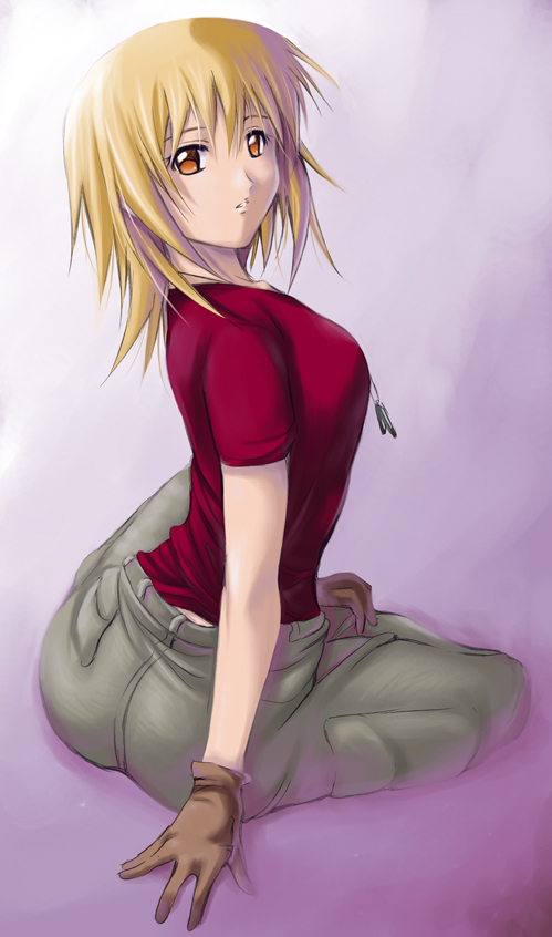cagalli yula athha, gundam, gundam seed, 00s, 1girl, arm support, blonde hair, brown gloves, dog tags, female focus, gloves, looking back, pants, short hair, sitting, solo, yellow eyes