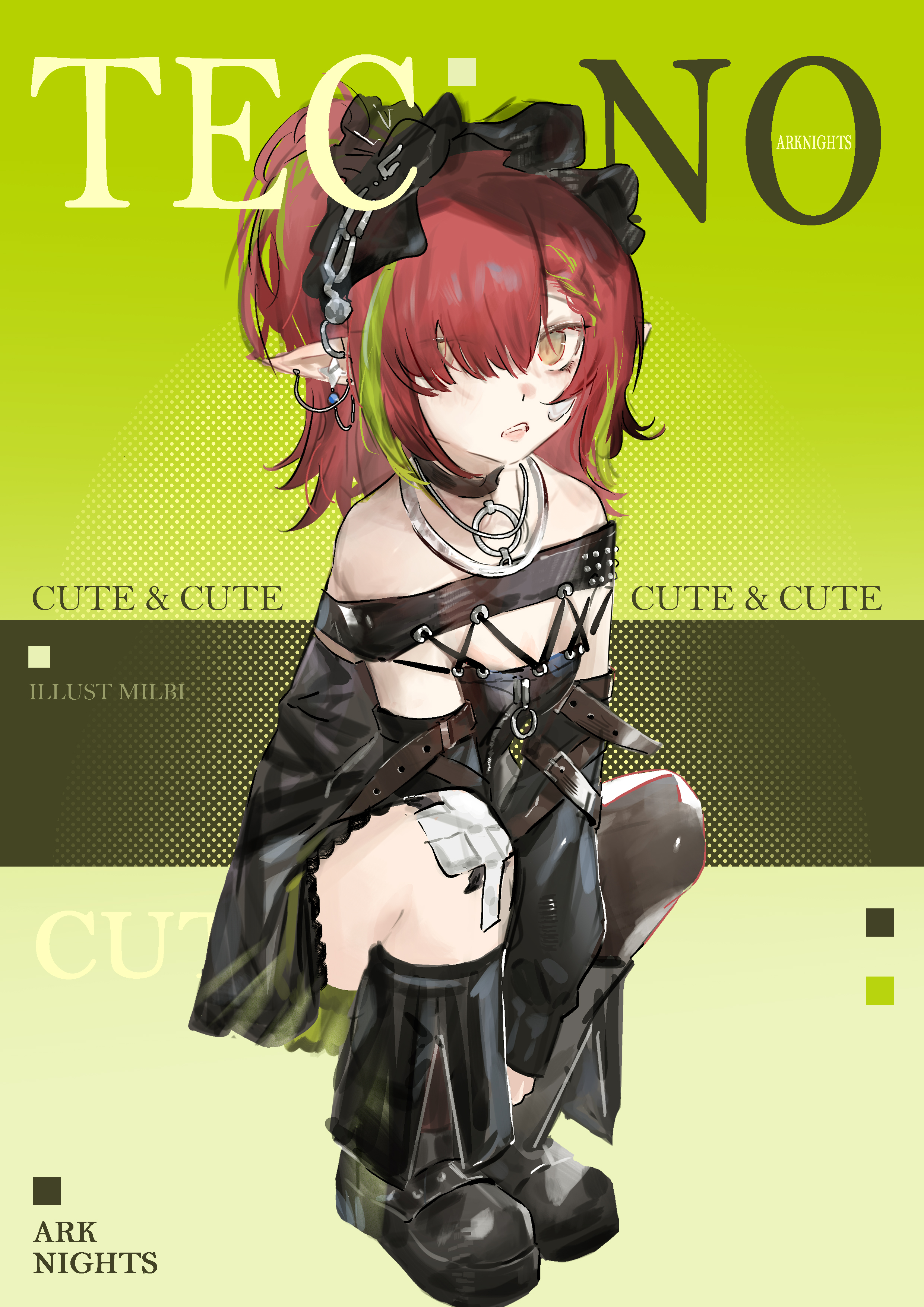 milbi, tecno (arknights), arknights, absurdres, commentary request, highres, 1girl, bandage on knee, bandaid, bandaid on face, bare shoulders, black bonnet, black boots, black choker, black dress, bonnet, boots, braid, brown eyes, character name, choker, detached sleeves, dress, earrings, gauze on knee, green hair, jewelry, long hair, looking at viewer, material growth, multicolored hair, oripathy lesion (arknights), parted lips, pointy ears, red hair, single thighhigh, solo, squatting, streaked hair, thighhighs