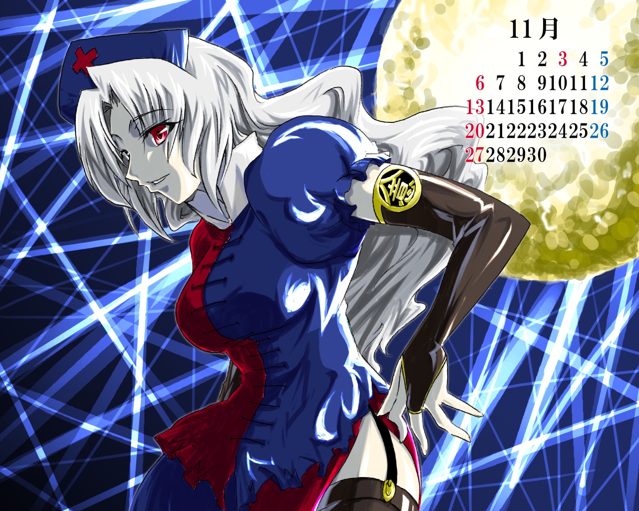 yagokoro eirin, touhou, 1girl, adapted costume, albino, black thighhighs, blue background, bridal gauntlets, calendar, female focus, full moon, hat, long hair, moon, november, nurse cap, puffy sleeves, red eyes, smile, solo, thighhighs, white hair