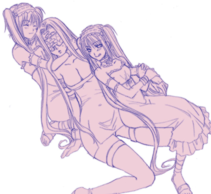 shidatsu takayuki, euryale (fate), medusa (fate), medusa (rider) (fate), stheno (fate), fate/stay night, fate (series), 00s, 3girls, breasts, cleavage, covered navel, female focus, hug, hug from behind, large breasts, monochrome, multiple girls, pink theme, purple theme, siblings, simple background, sisters, small breasts, thighhighs, twins, white background