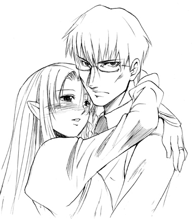 inue shinsuke, kuzuki souichirou, medea (caster) (fate), medea (fate), fate/stay night, fate (series), lowres, 00s, 1boy, 1girl, arms around neck, blush, glasses, greyscale, hetero, hug, looking at viewer, monochrome, pointy ears, staring