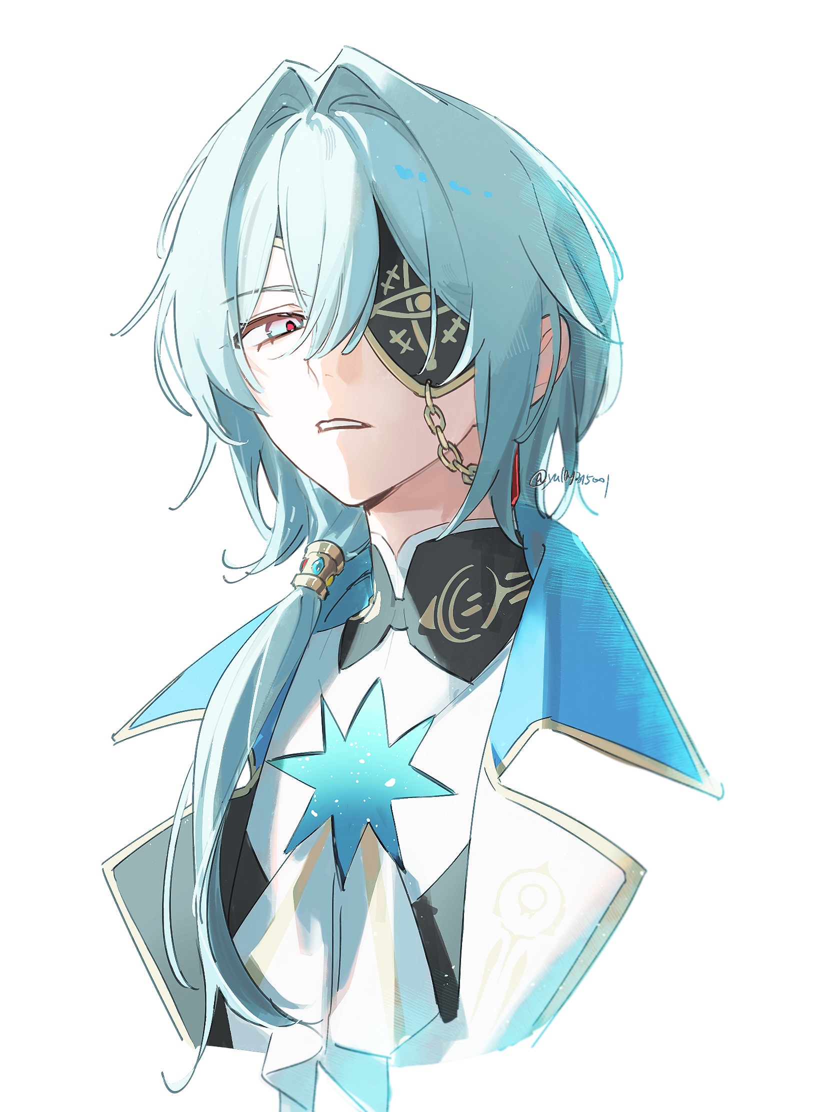 anaxa (honkai: star rail), honkai: star rail, honkai (series), highres, 1boy, aqua eyes, aqua hair, ascot, chain, earrings, eyepatch, hair between eyes, half-closed eyes, jewelry, lapels, looking at viewer, male focus, mandarin collar, notched lapels, one eye covered, parted lips, pink pupils, shirt, side ponytail, simple background, single earring, solo, teeth, twitter username, upper body, white ascot, white background, white shirt, yulm315001