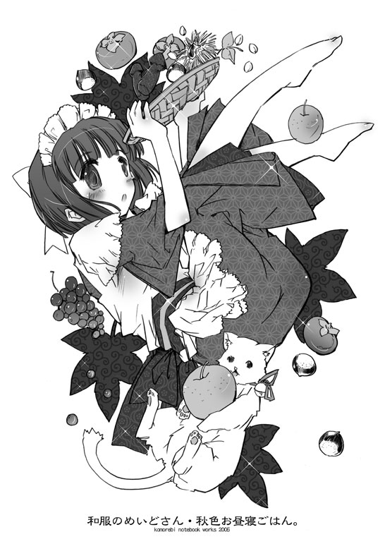 momiji mao, 1girl, animal, apple, asa no ha (pattern), blush, cat, female focus, food, fruit, grapes, greyscale, holding, holding food, holding fruit, japanese clothes, leaf, maid, monochrome, short hair, solo, sparkle, tomato, wa maid