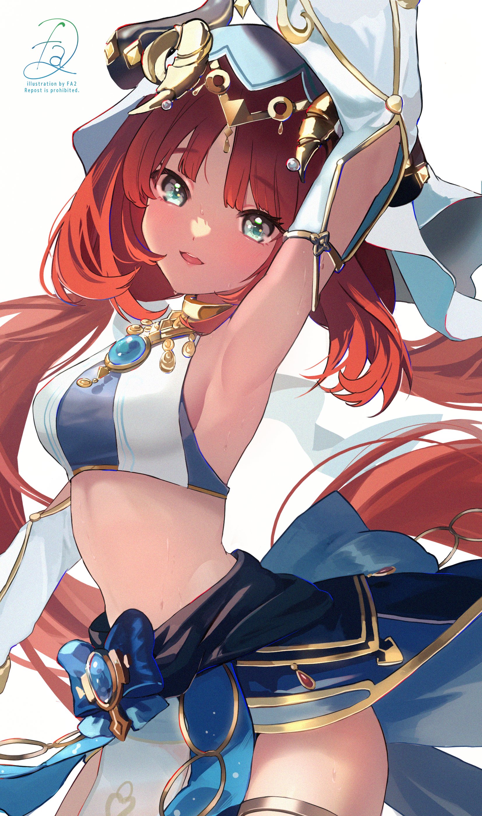 fa2 (etu831), nilou (genshin impact), genshin impact, absurdres, commentary, highres, symbol-only commentary, 1girl, arm up, armpits, artist name, back bow, blue bow, blue brooch, blue gemstone, blue skirt, bow, breasts, brooch, cowboy shot, crop top, detached sleeves, fake horns, gem, gold, green eyes, hair between eyes, hand up, horns, jewelry, long hair, looking at viewer, medium breasts, midriff, necklace, open mouth, puffy detached sleeves, puffy sleeves, red hair, sidelocks, simple background, skirt, smile, solo, standing, sweat, tongue, twintails, veil, white background