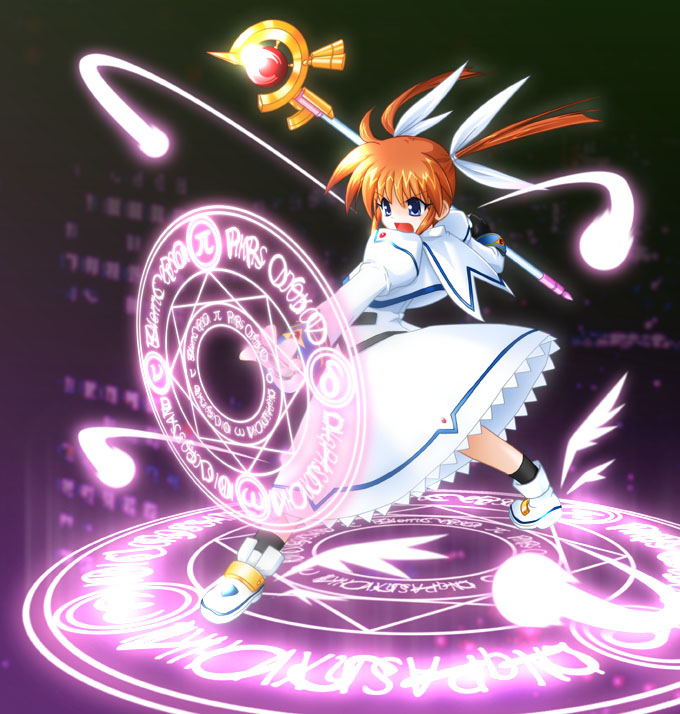 sumeragi kou, raising heart, raising heart (accel mode), takamachi nanoha, takamachi nanoha (sacred mode), lyrical nanoha, mahou shoujo lyrical nanoha, mahou shoujo lyrical nanoha a's, winged footwear, 00s, 1girl, battle, battlemode, energy ball, female focus, fingerless gloves, gloves, hair ribbon, magazine (weapon), magic circle, magical girl, octagram, purple background, purple eyes, red hair, ribbon, shoes, solo, twintails, white devil, wings