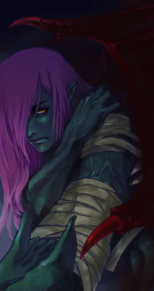 murmurze, ragnarok online, commentary request, 1boy, bandaged arm, bandages, closed mouth, colored skin, dragon boy, expressionless, green skin, grey background, hair over one eye, long hair, looking at viewer, male focus, monster boy, mutant dragonoid, orange eyes, pointy ears, purple hair, red wings, solo, upper body, wings