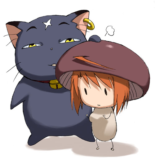 yuuki shin'ichi, mikoto (my-otome), minagi mikoto, tokiha mai, my-otome, 00s, 1girl, bell, cat, chibi, chibi only, costume, earrings, hand on another's head, jewelry, jingle bell, mushroom, standing, | |