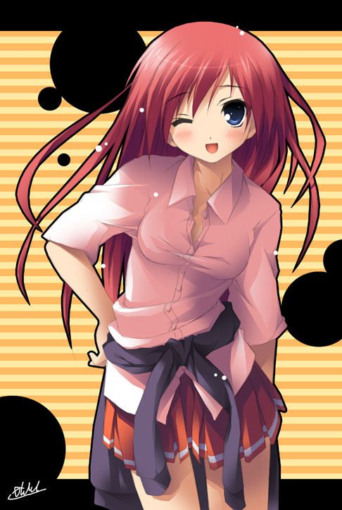 kantoku, original, 1girl, blue eyes, blush, clothes around waist, female focus, hand on own hip, long hair, one eye closed, open mouth, red hair, skirt, solo, striped background, sweater, sweater around waist, wink
