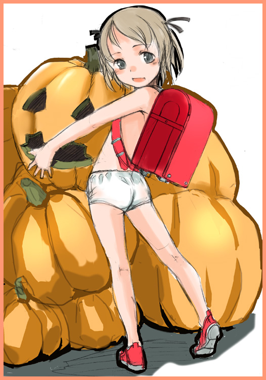 sody, original, 1girl, backpack, bag, female focus, halloween, jack-o'-lantern, loli, panties, pumpkin, randoseru, solo, topless female, underwear, underwear only, white panties