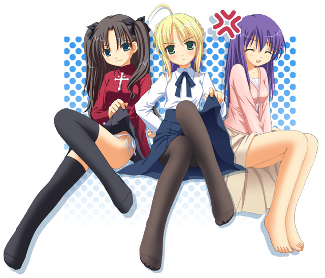 aikawa touma, artoria pendragon (fate), matou sakura, saber (fate), tohsaka rin, fate/stay night, fate (series), 00s, 3girls, barefoot, black thighhighs, blonde hair, blouse, blue eyes, bow, brown hair, clothes lift, feet, green eyes, hair bow, lifting own clothes, long hair, multiple girls, panties, pantyhose, purple hair, shirt, side-tie panties, skirt, skirt lift, thighhighs, turtleneck, twintails, two side up, underwear, white panties