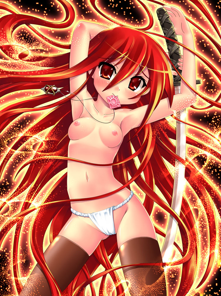 hase yu, alastor (shakugan no shana), shana, shakugan no shana, 00s, 1girl, breasts, condom, condom in mouth, condom wrapper, female focus, fundoshi, japanese clothes, jewelry, long hair, mouth hold, nipples, pendant, red eyes, red hair, small breasts, solo, sword, thighhighs, topless female, weapon