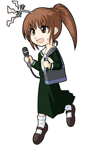 tsukiyama minako, maria-sama ga miteru, lowres, 00s, 1girl, :d, antennae, bag, brown eyes, brown hair, brown shoes, dress, female focus, full body, green dress, handbag, long sleeves, mary janes, microphone, neckerchief, open mouth, ponytail, ribbon, sailor collar, sailor dress, shoes, short hair, simple background, smile, socks, solo, sweatdrop, walking, white background, white neckerchief, white socks, yellow ribbon