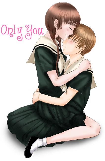 inumori sayaka, hasekura rei, shimazu yoshino, maria-sama ga miteru, 00s, 2girls, blonde hair, brown hair, closed eyes, couple, english text, happy, hug, long hair, multiple girls, profile, school uniform, serafuku, short hair, short sleeves, sitting, smile, yuri