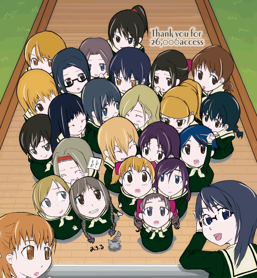 fukuzawa yumi, hasekura rei, hosokawa kanako, matsudaira touko, mizuno youko, naitou shouko, nijou noriko, ogasawara sachiko, satou sei, shimazu yoshino, takeshima tsutako, torii eriko, toudou shimako, tsukiyama minako, yamaguchi mami, maria-sama ga miteru, 00s, 6+girls, black hair, blonde hair, blue hair, braid, brown hair, cat, chibi, crowd, drill hair, everyone, female focus, flag, glasses, grass, grin, hair ornament, hairband, hairclip, hand to own mouth, laughing, long hair, looking at another, looking back, looking up, milestone celebration, multiple girls, ponytail, purple hair, school uniform, serafuku, short hair, smile, twin braids, twintails, very long hair