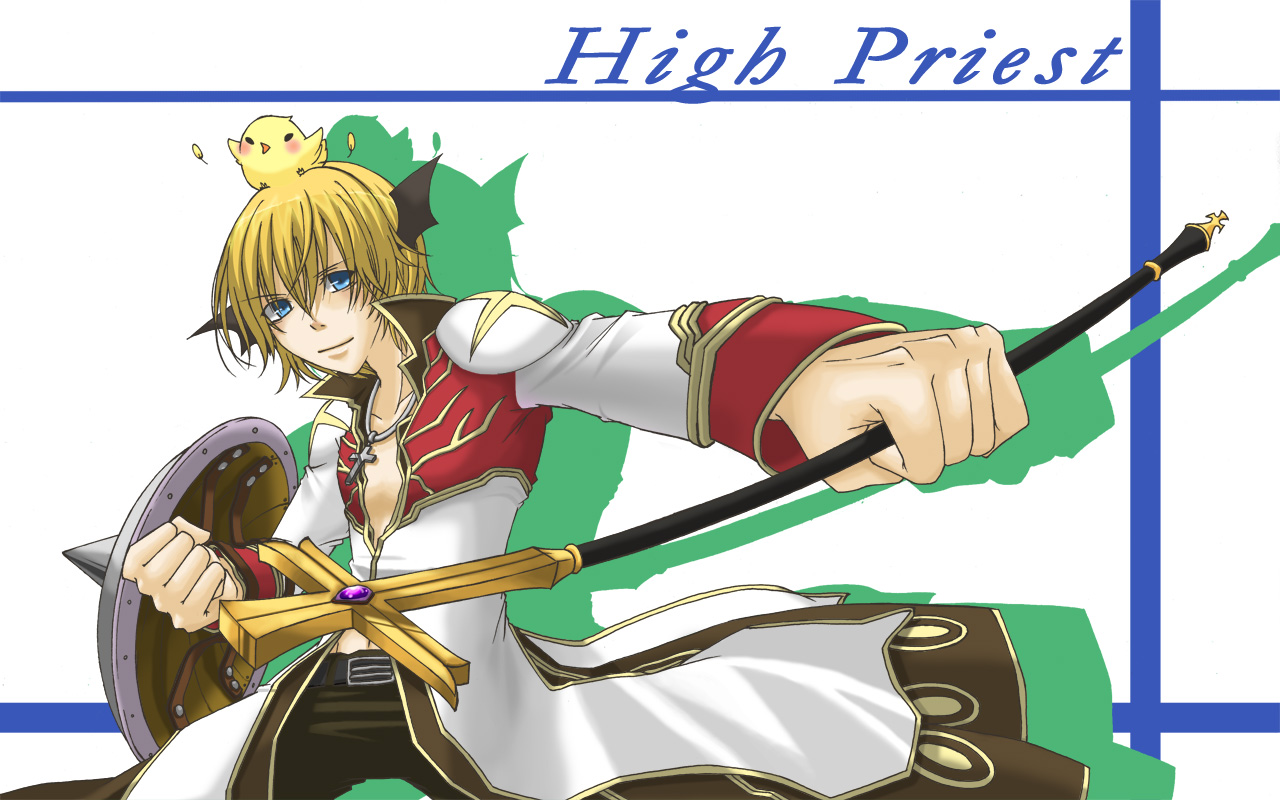 high priest (ragnarok online), ragnarok online, commentary request, 1boy, 2000s (style), animal, animal on head, baby animal, bird, bird on head, black pants, black wings, blonde hair, blue eyes, brown coat, character name, chick, closed mouth, coat, colored shadow, cowboy shot, crosier, cross, cross necklace, demon wings, gold trim, hair between eyes, head wings, holding, holding shield, holding staff, jewelry, long sleeves, looking at viewer, male focus, multicolored coat, necklace, noah (mutsuki), on head, pants, red coat, shadow, shield, short hair, smile, solo, staff, two-tone coat, white background, white coat, wings