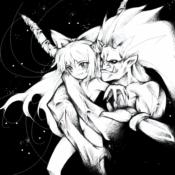 chaotic-unknown, ibuki suika, zun, touhou, 1boy, 1girl, bangle, black background, blush, bow, bracelet, chaoticunknown, fangs, greyscale, hair bow, hair slicked back, hetero, horns, hug, hug from behind, jewelry, large bow, long hair, monochrome, muscular, nude, pointy ears, sidelocks, smile, veins