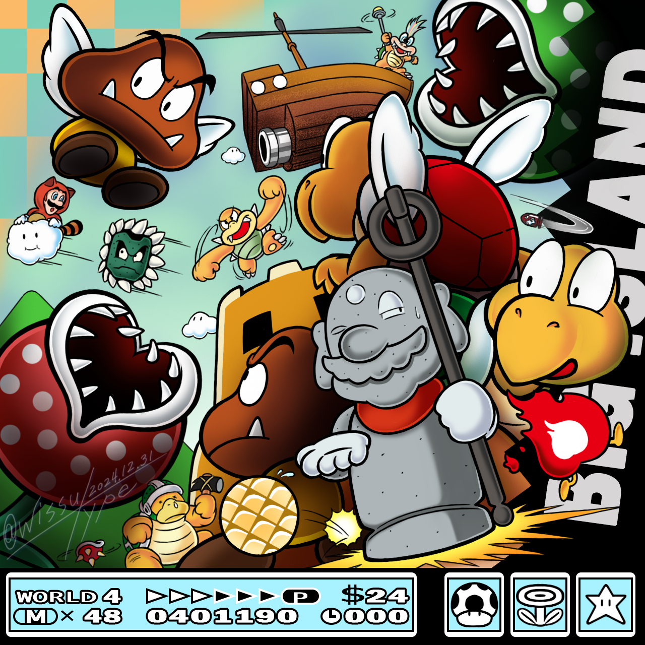 wissu type, boom boom, bullet bill, iggy koopa, koopa paratroopa, koopa troopa, luigi, mario, paragoomba, piranha plant, spiny, super star (mario), thwomp, mario (series), nintendo, super mario bros. 3, commentary request, highres, :o, aircraft, airship, blue sky, closed mouth, cloud, dollar sign, english text, facial hair, fangs, fire, fire flower, flying, green helmet, hammer, helmet, holding, holding hammer, holding wand, hot foot (mario), jizou, lakitu's cloud, mountain, mustache, nostrils, one eye closed, open mouth, propeller, raccoon costume, roto-disc, sharp teeth, sky, sledge bros, spikes, statue, statue mario, super mushroom, sweatdrop, tanuki luigi, teeth, v-shaped eyebrows, wand, wings