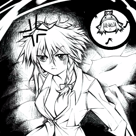 chaotic-unknown, izayoi sakuya, mystia lorelei, touhou, lowres, >:(, 1girl, alternate costume, anger vein, angry, animal ears, bags under eyes, bed, bow, braid, breasts, chaoticunknown, cleavage, collarbone, female focus, frown, greyscale, hair bow, hat, large breasts, monochrome, musical note, on bed, pillow, quaver, sitting, solo, spiked hair, twin braids, v-shaped eyebrows