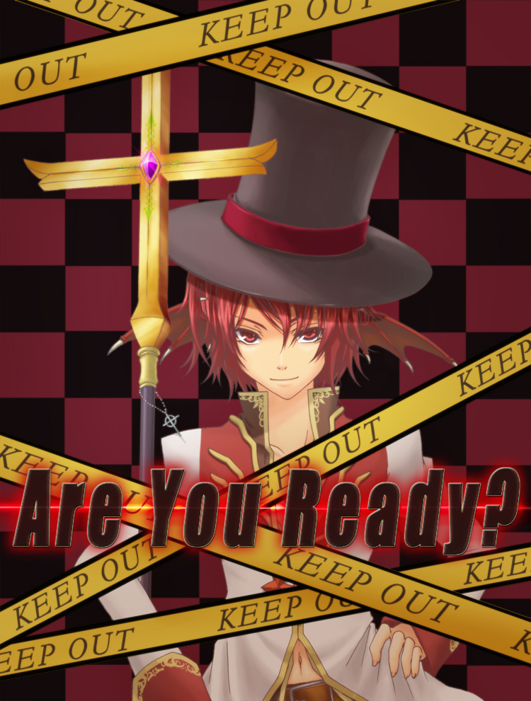 high priest (ragnarok online), ragnarok online, commentary request, 1boy, black background, black hat, caution tape, checkered background, closed mouth, coat, crosier, demon wings, english text, gold trim, hat, head wings, holding, holding staff, long sleeves, looking at viewer, male focus, multicolored coat, navel, noah (mutsuki), red background, red coat, red eyes, red hair, red theme, red wings, short hair, smile, solo, staff, top hat, two-tone coat, upper body, white coat, wings