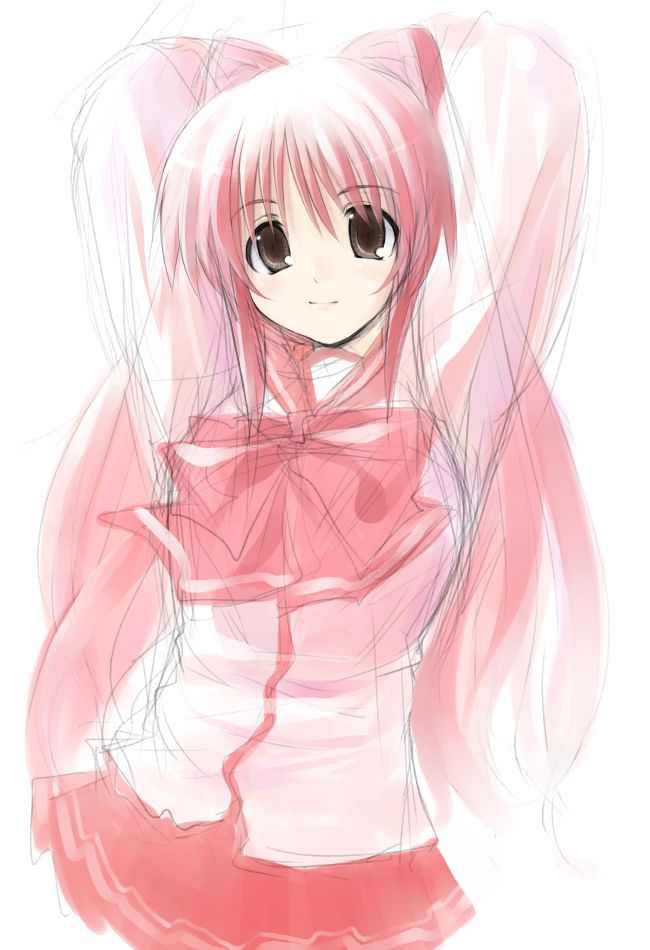 hara takehito, kousaka tamaki, to heart (series), to heart 2, bad id, bad pixiv id, 00s, 1girl, arms behind head, arms up, bow, brown eyes, female focus, long hair, looking at viewer, red hair, school uniform, simple background, sketch, skirt, smile, solo, very long hair
