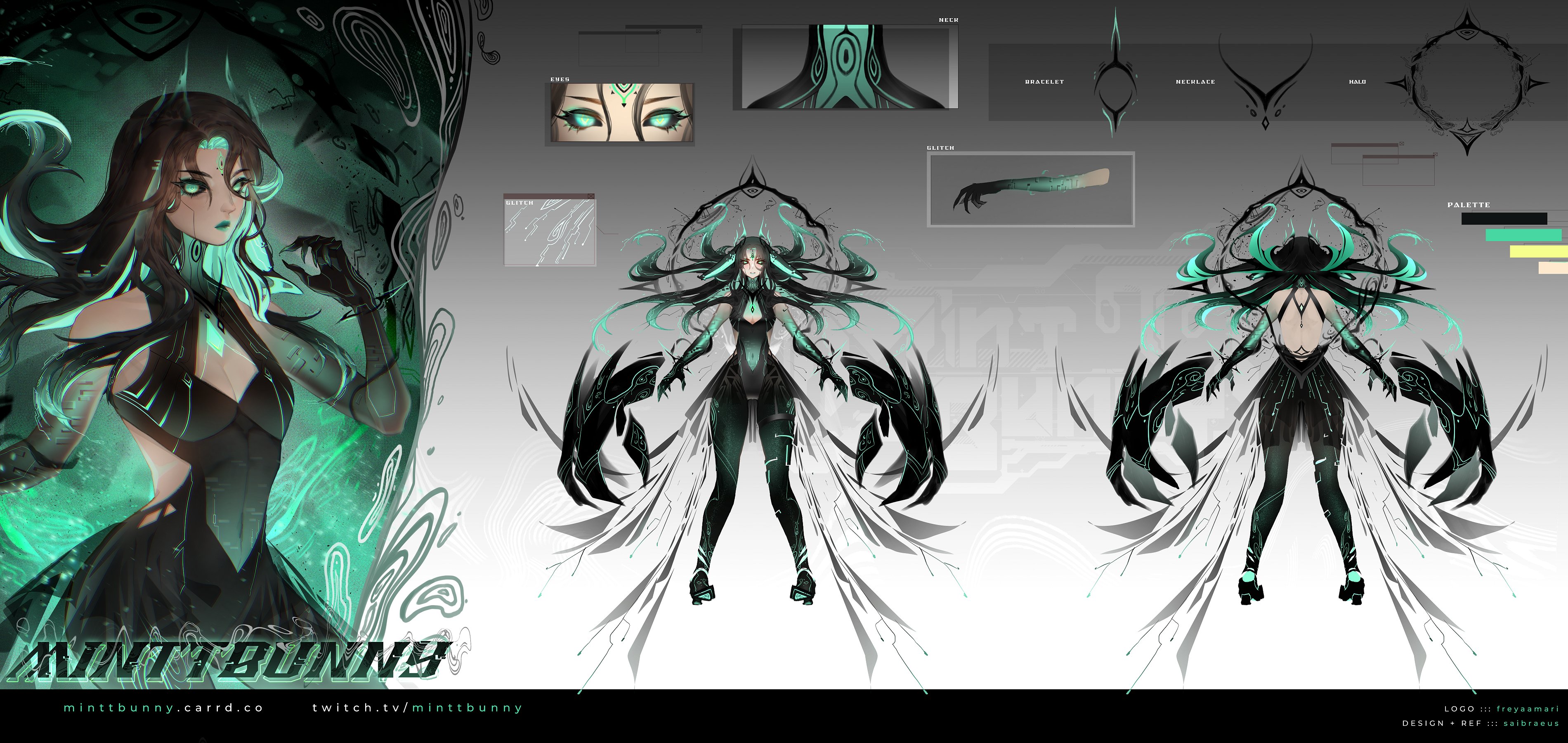 indie virtual youtuber, absurdres, artist request, check artist, highres, breasts, brown hair, claw (weapon), claws, cleavage, detached sleeves, gem, green eyes, green gemstone, long hair, minttbunny, patterned clothing, reference sheet, serious, shoes, weapon