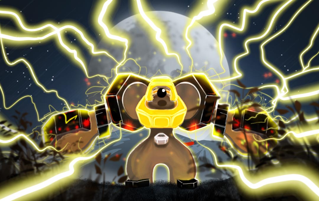 melmetal, nintendo, pokemon, pokemon tcg, second-party source, adam merricks, electricity, full body, full moon, gen 7 pokemon, grass, moon, mythical pokemon, night, one-eyed, plant, pokemon (creature), pokemon focus, sky, solo, standing, star (sky)