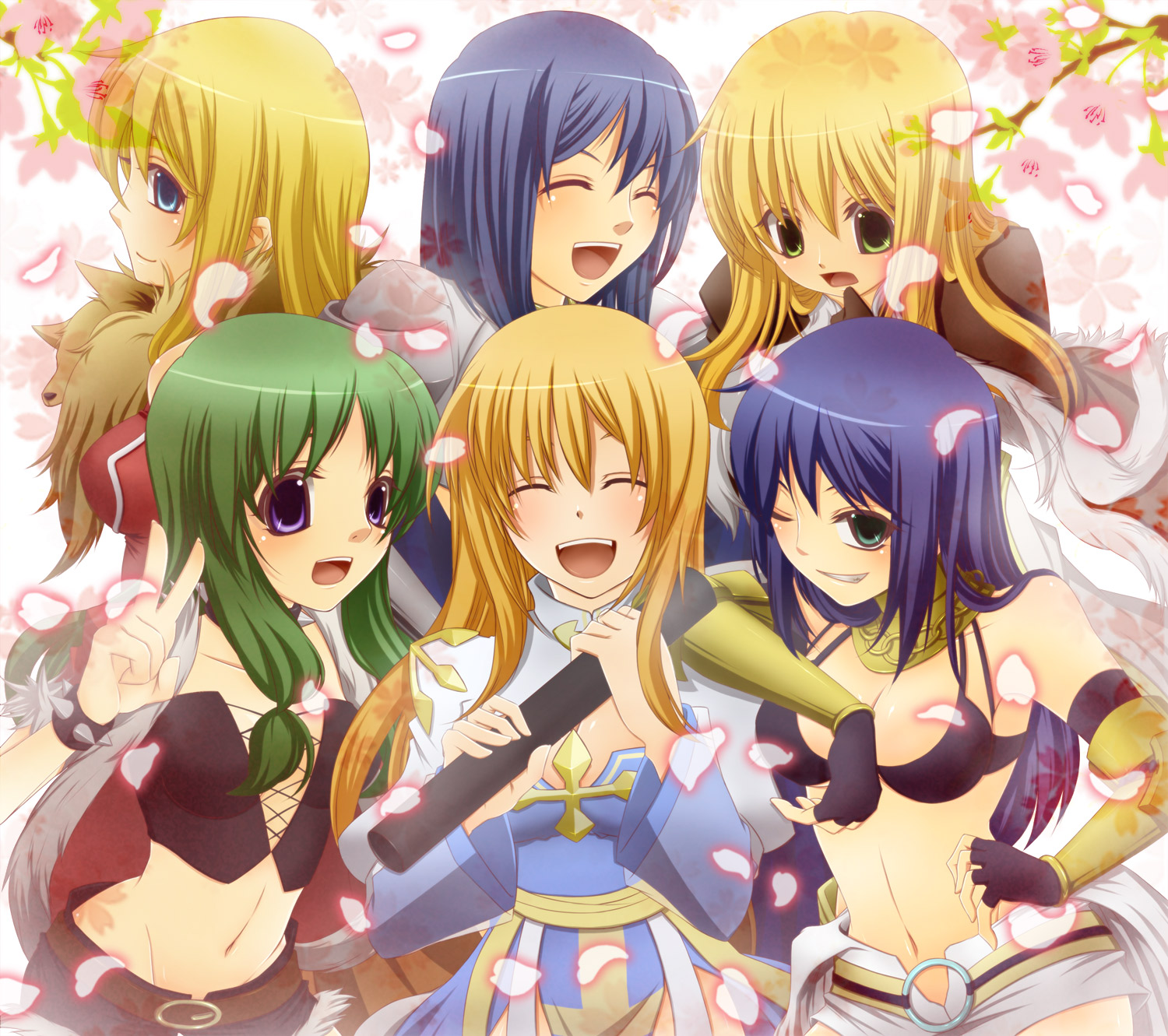 arch bishop (ragnarok online), high wizard (ragnarok online), mechanic (ragnarok online), paladin (ragnarok online), professor (ragnarok online), rogue (ragnarok online), ragnarok online, commentary request, highres, 2000s (style), 6+girls, animal, animal around neck, armor, bikini, bikini top only, black bikini, black gloves, black tube top, blonde hair, blue dress, blue hair, blush, bracelet, breasts, brown cape, cape, cleavage, cleavage cutout, closed mouth, clothing cutout, cowboy shot, cross, diploma tube, dress, elbow gloves, fingerless gloves, flat chest, fox, gloves, graduation, green eyes, grin, jacket, jewelry, juliet sleeves, jumpsuit, jumpsuit around waist, large breasts, long hair, long sleeves, looking at another, medium breasts, midriff, multiple girls, navel, noah (mutsuki), one eye closed, open clothes, open jacket, open mouth, pauldrons, puffy sleeves, purple eyes, red dress, red jacket, sash, shoulder armor, sidelocks, smile, spiked bracelet, spikes, strapless, swimsuit, tube top, two-tone dress, vambraces, white background, white dress, white jumpsuit, yellow armor, yellow sash