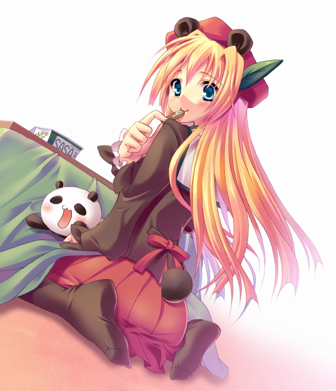komi zumiko, original, animal ears, bear ears, blonde hair, blue eyes, feet, kotatsu, lappanda, panda, pleated skirt, school uniform, serafuku, skirt, solo, table, thighhighs