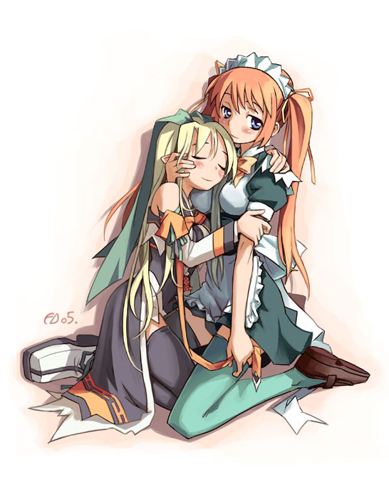 bailknight, original, hand on head, hand on shoulder, 2girls, apron, bare shoulders, blonde hair, blush, hair ribbon, hug, kneeling, long hair, looking at viewer, maid, maid apron, maid headdress, multiple girls, orange hair, puffy sleeves, ribbon, shoes, short sleeves, thighhighs, twintails, very long hair, zettai ryouiki