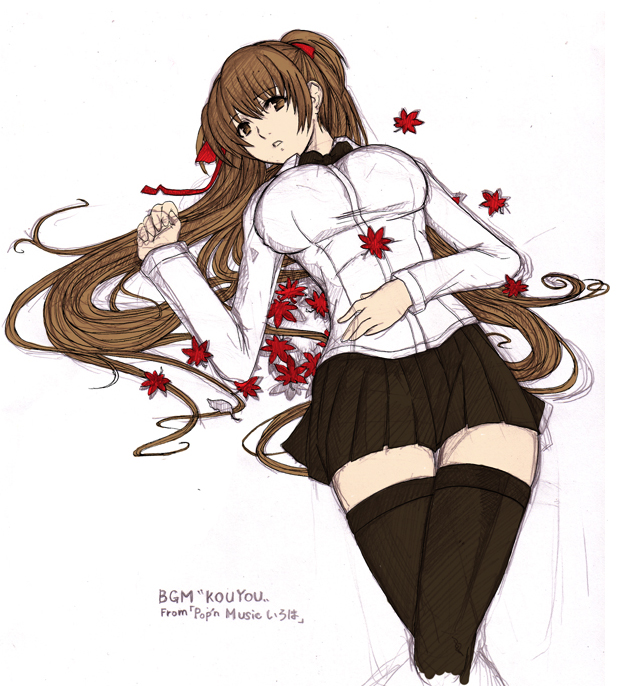 herudi, bemani, pop'n music, 1girl, black thighhighs, breasts, brown eyes, brown hair, female focus, large breasts, long hair, skirt, solo, thighhighs, twintails, zettai ryouiki