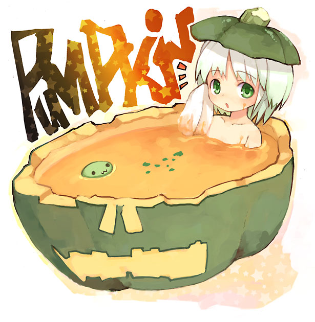 kito (sorahate), original, 1girl, bathing, female focus, green eyes, halloween, pumpkin, pumpkin hat, pumpkin juice, short hair, solo, white hair