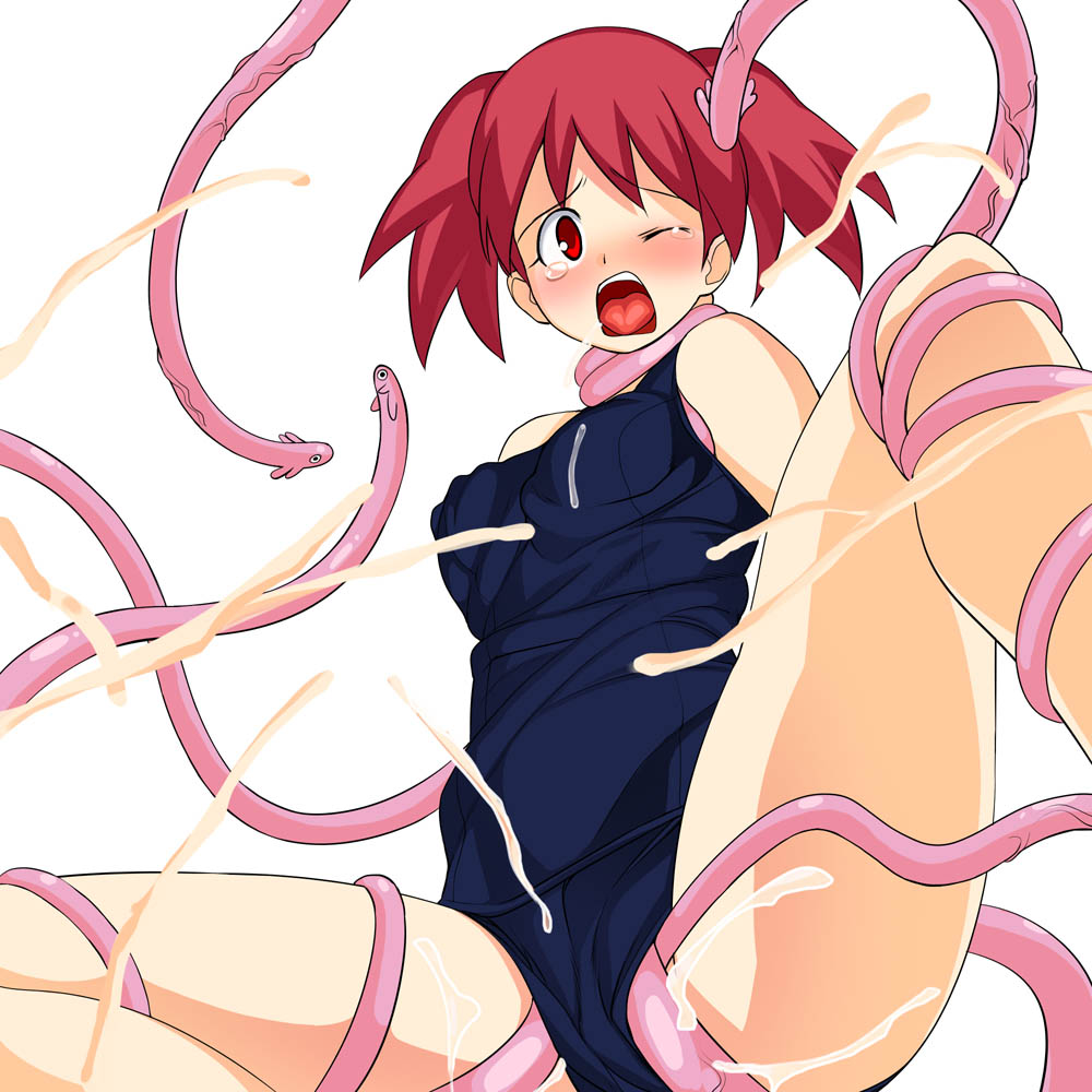 a1 (initial-g), hinata natsumi, keroro gunsou, 1girl, female focus, interspecies, one-piece swimsuit, rape, red hair, school swimsuit, solo, swimsuit, tentacles, tentacles under clothes