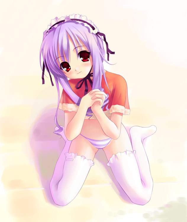 akamaru, aria (sister princess), sister princess, 00s, blue panties, blush, drill hair, flapper shirt, hairband, half-shirt, headdress, kneeling, lolita hairband, midriff, own hands clasped, own hands together, panties, purple hair, red eyes, shirt, sitting, smile, solo, striped clothes, striped panties, thighhighs, underwear, wariza, white thighhighs