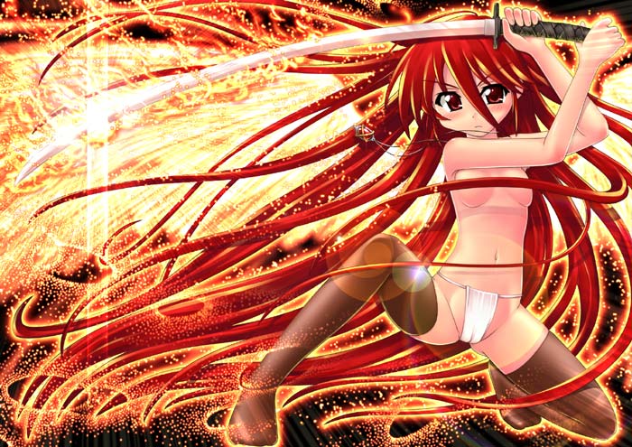 hase yu, alastor (shakugan no shana), shana, shakugan no shana, 00s, 1girl, black thighhighs, female focus, fundoshi, japanese clothes, jewelry, long hair, pendant, red hair, solo, sword, thighhighs, very long hair, weapon