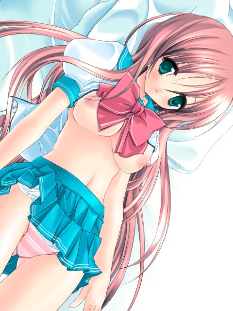 miyasu risa, andou honoka, mainichi suki shite, rotated, 1girl, breasts, female focus, medium breasts, nipples, panties, pantyshot, pink panties, pleated skirt, school uniform, serafuku, skirt, solo, striped clothes, striped panties, underwear, upskirt