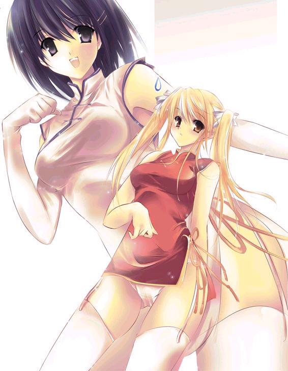 2girls, black eyes, black hair, blonde hair, brown eyes, china dress, chinese clothes, dress, elbow gloves, garter straps, gloves, hair ribbon, long hair, multiple girls, panties, pantyshot, ribbon, short hair, standing, thighhighs, twintails, underwear, white gloves, white panties, white thighhighs
