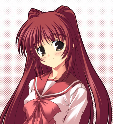 yuki (white garden), kousaka tamaki, to heart (series), to heart 2, lowres, 00s, 1girl, blush, brown eyes, female focus, long hair, school uniform, serafuku, smile, solo