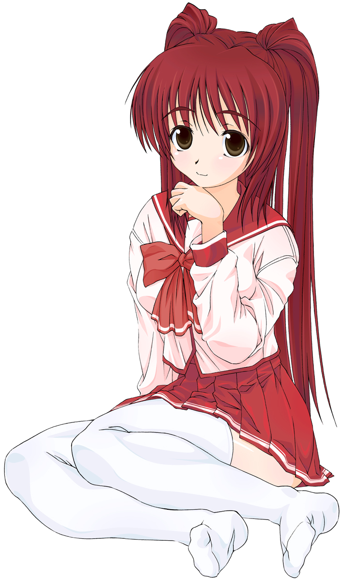 yamaguchi homupe, kousaka tamaki, to heart (series), to heart 2, highres, 00s, 1girl, blush, brown eyes, feet, female focus, long hair, pleated skirt, red hair, school uniform, serafuku, sitting, skirt, solo, thighhighs, white thighhighs, yokozuwari, zettai ryouiki