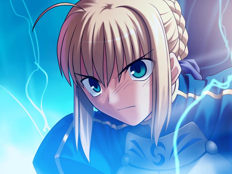 takeuchi takashi, artoria pendragon (fate), saber (fate), fate/hollow ataraxia, fate/stay night, fate (series), game cg, 00s, 1girl, ahoge, armor, blonde hair, blue eyes, determined, energy, female focus, sidelocks, solo, staring