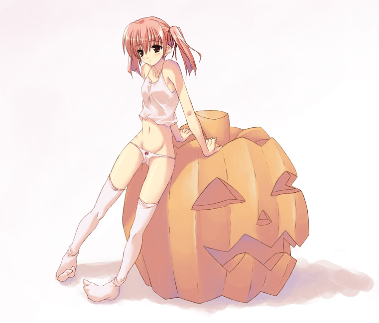 shinya puu, original, 1girl, arm support, bow, bow panties, camisole, female focus, halloween, jack-o'-lantern, kneehighs, leaning, lowleg, lowleg panties, midriff, navel, panties, pink hair, pink panties, pumpkin, red hair, short twintails, simple background, socks, solo, standing, thighhighs, twintails, underwear, white background, white panties, white socks, white thighhighs