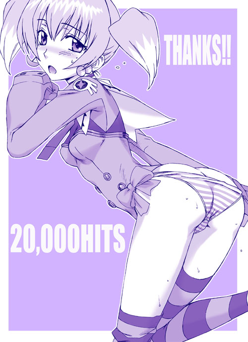 chiko, hanzaki jirou, tycho science, top wo nerae! (series), top wo nerae 2!, 00s, ass, bent over, blush, cameltoe, leg lift, monochrome, panties, short twintails, solo, striped clothes, striped panties, striped thighhighs, thighhighs, twintails, underwear