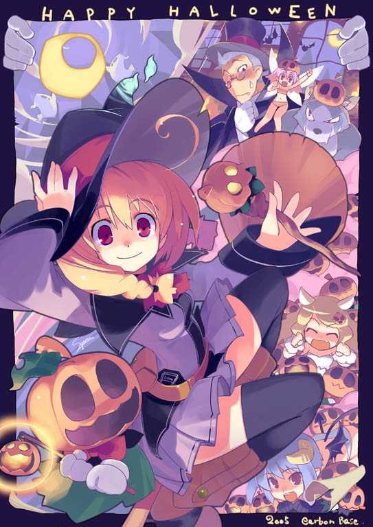 sumaki shungo, original, 00s, 1boy, 2005, 4girls, blonde hair, broom, broom riding, from above, halloween, happy halloween, hat, jack-o'-lantern, multiple girls, pumpkin, sidesaddle, skirt, thighhighs, witch, witch hat