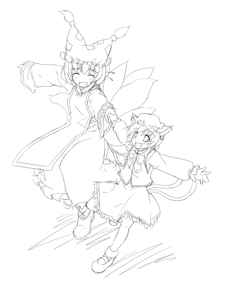 yukitarou (awamori), chen, yakumo ran, touhou, 2girls, animal ears, animal hat, cat ears, cat girl, cat tail, closed eyes, earrings, fang, female focus, fox tail, greyscale, happy, hat, holding hands, jewelry, long sleeves, mob cap, monochrome, multiple girls, multiple tails, shoes, short hair, single earring, sketch, socks, tabard, tail, white background, wide sleeves