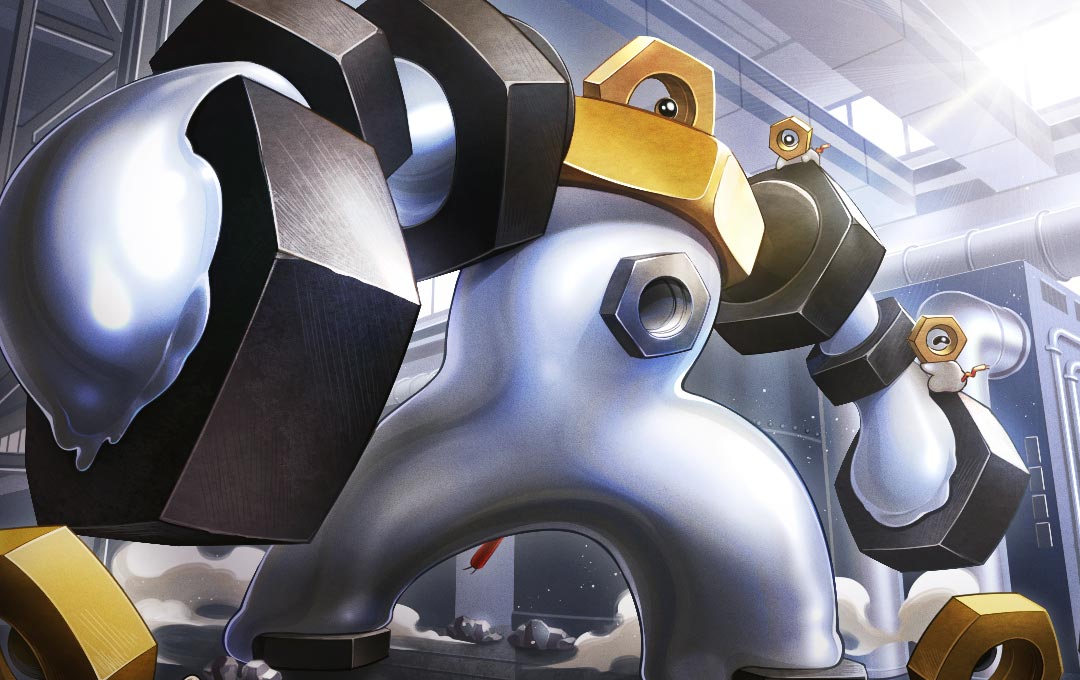 melmetal, meltan, nintendo, pokemon, pokemon tcg, second-party source, cable, dust, evolutionary line, gen 7 pokemon, indoors, industrial pipe, metal skin, mythical pokemon, nut (hardware), on shoulder, one-eyed, pokemon (creature), pokemon focus, pokemon on arm, pokemon on shoulder, saito emu