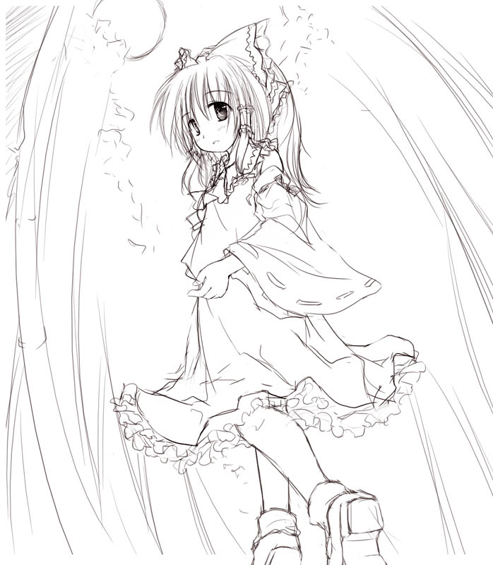 yukitarou (awamori), hakurei reimu, touhou, 1girl, bow, detached sleeves, dress, female focus, greyscale, hair bow, hair tubes, looking back, monochrome, sketch, solo