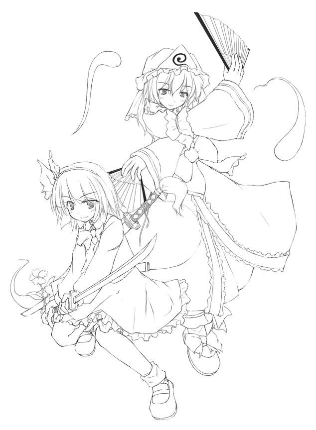 yukitarou (awamori), konpaku youmu, konpaku youmu (ghost), saigyouji yuyuko, touhou, 2girls, female focus, folding fan, ghost, greyscale, hand fan, hat, hitodama, katana, monochrome, multiple girls, scabbard, sheath, sword, tassel, triangular headpiece, weapon