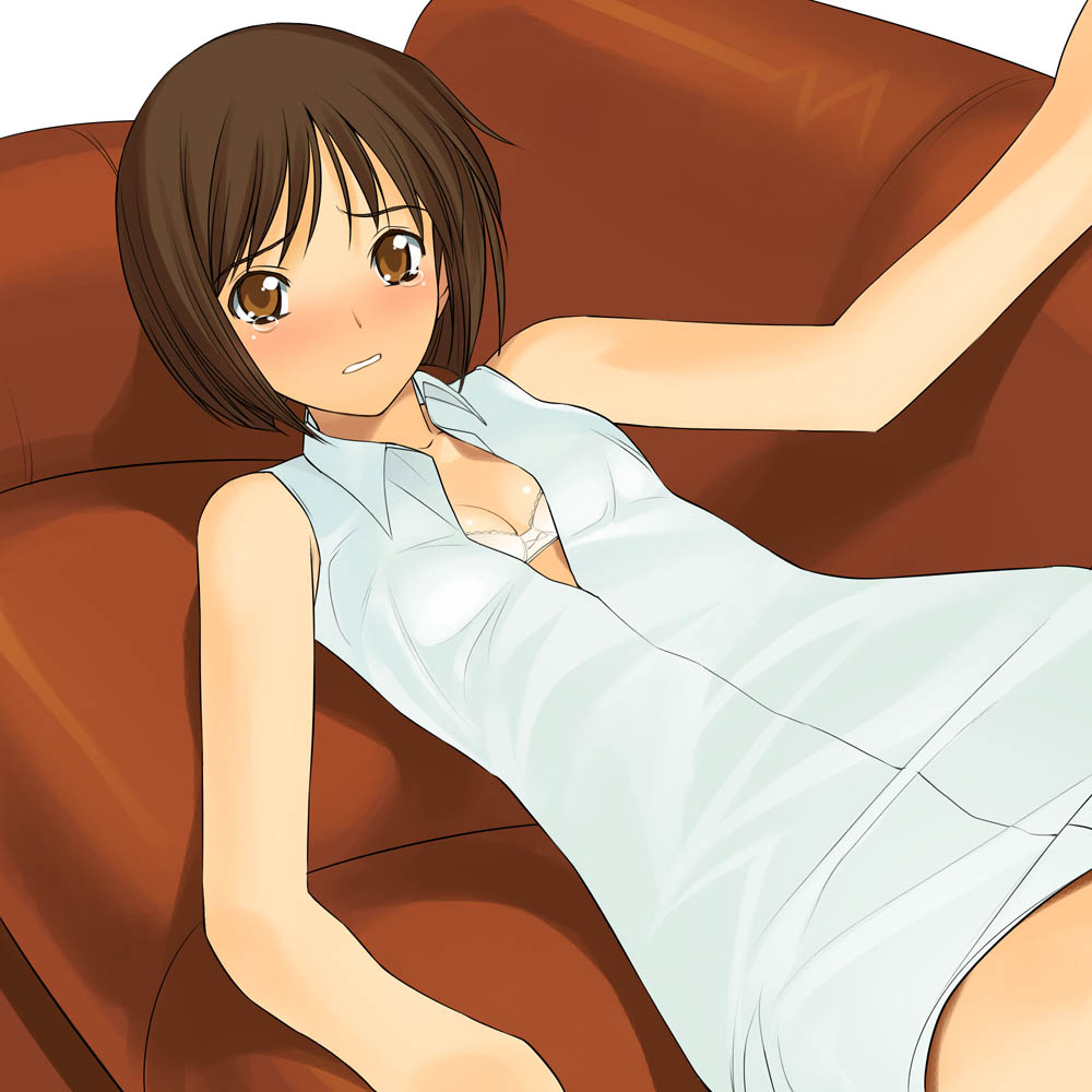 a1 (initial-g), hagiwara yukiho, idolmaster, idolmaster (classic), idolmaster 1, 00s, 1girl, blush, bra, brown eyes, brown hair, couch, female focus, lingerie, open clothes, open shirt, shirt, short hair, solo, tears, underwear