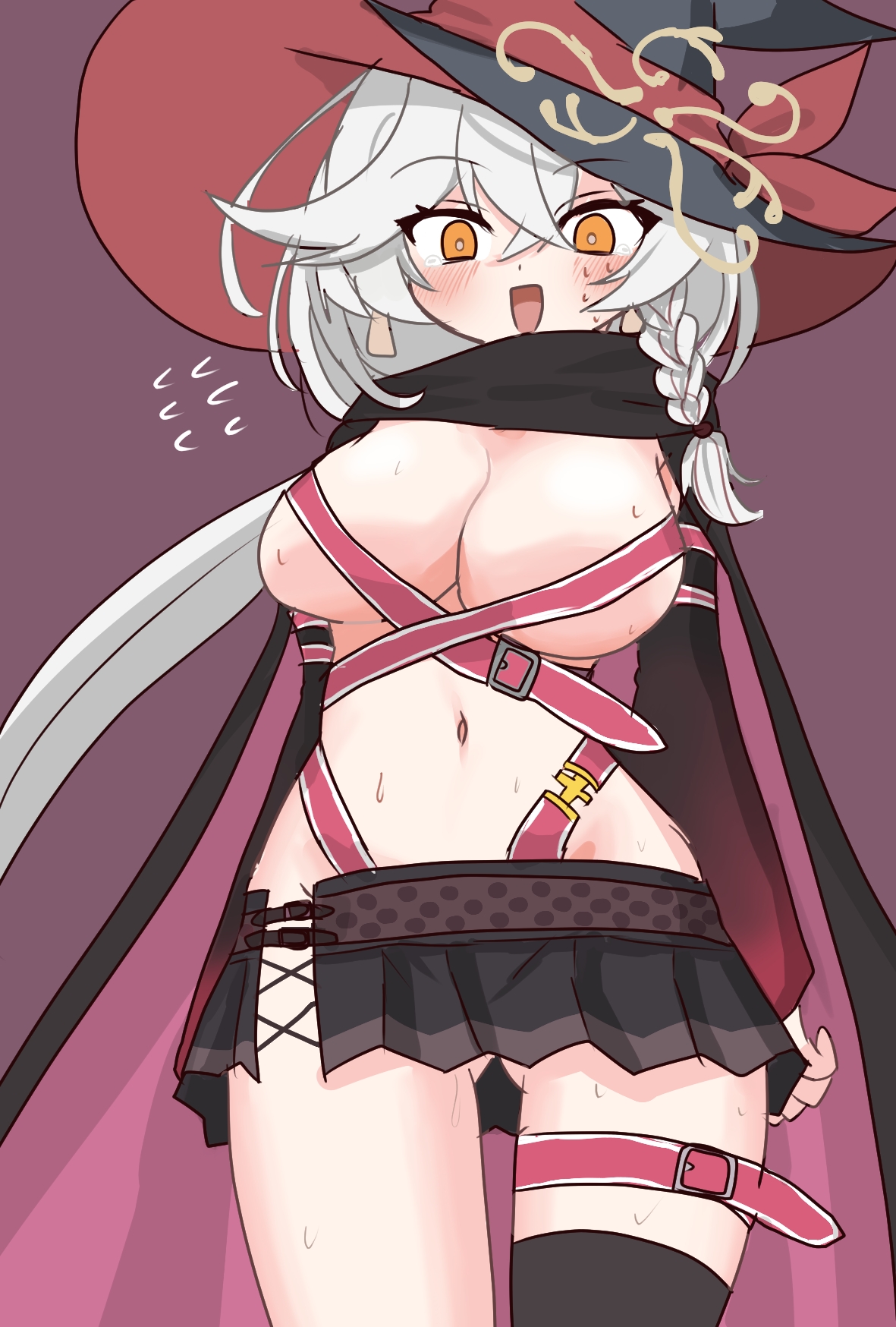 ayachi nene, eri (blue archive), blue archive, sanoba witch, belt, belt bra, bow, bowtie, braid, cape, cosplay, embarrassed, halo, hat, long hair, long sleeves, miniskirt, orange eyes, puffy long sleeves, puffy sleeves, revealing clothes, scarf, side slit, skindentation, skirt, strap, sweater, white hair, witch hat