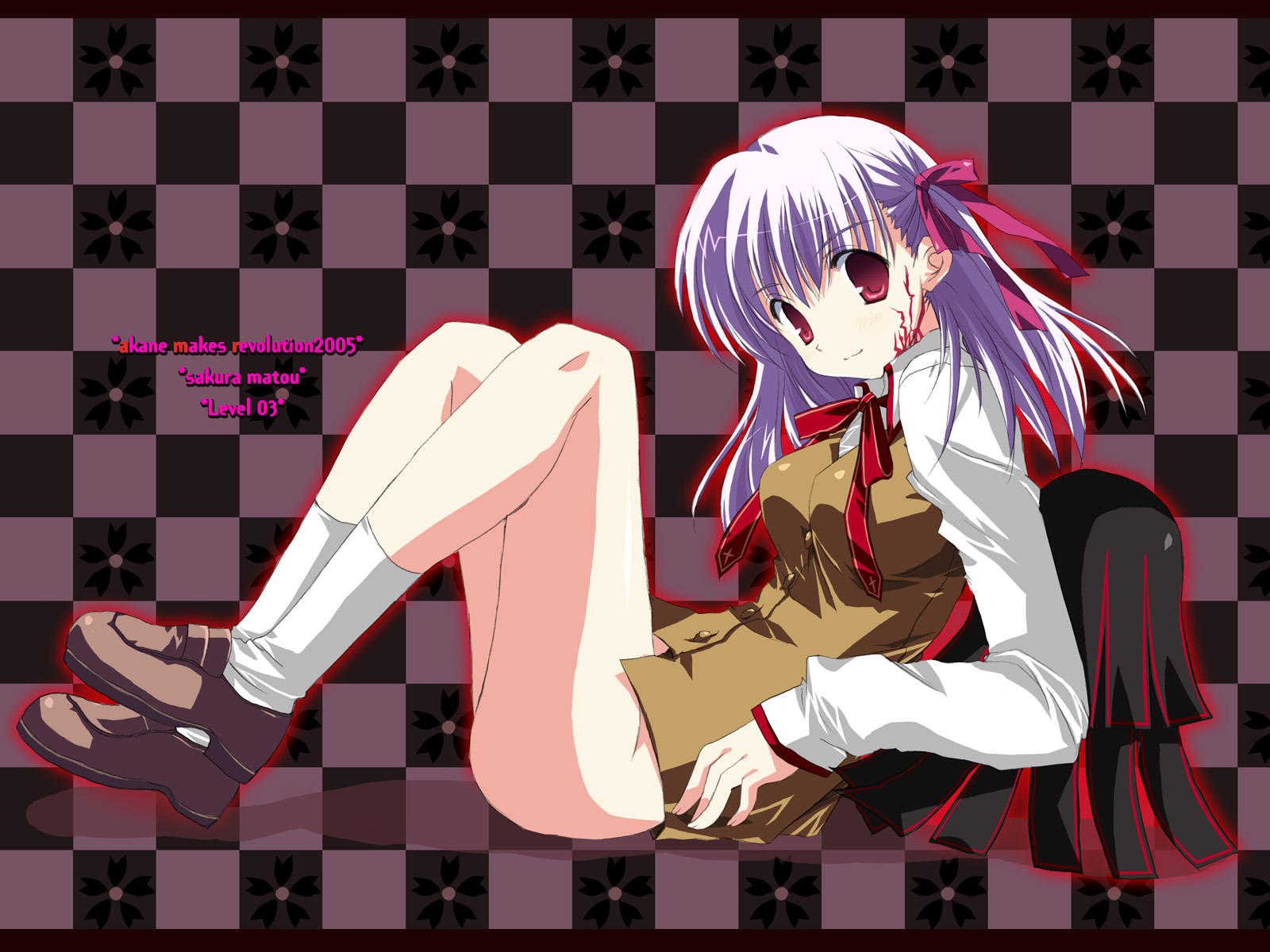 ikegami akane, dark matou sakura, dark sakura, matou sakura, fate/stay night, fate (series), highres, 00s, bottomless, purple hair, red eyes, ribbon, solo