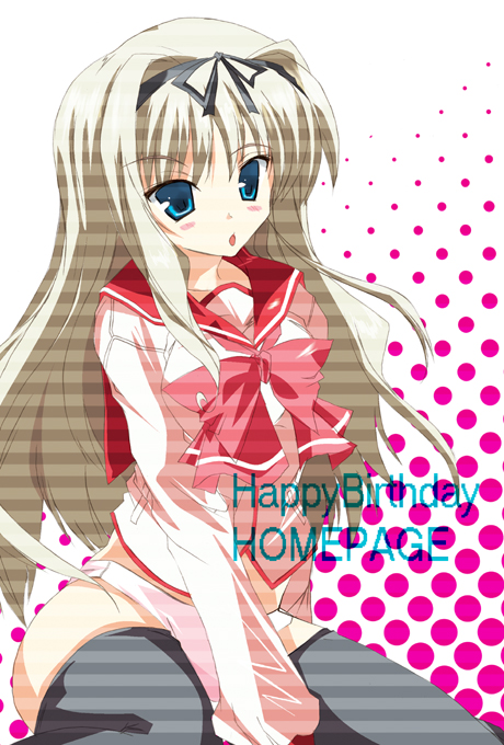 happy birthday (artist), kusugawa sasara, to heart (series), to heart 2, striped, 00s, 1girl, :o, black thighhighs, blonde hair, blue eyes, blush, bow, embarrassed, female focus, hair intakes, hair ribbon, hairband, long hair, long sleeves, midriff, no pants, open mouth, panties, pink bow, pink panties, polka dot, ribbon, school uniform, serafuku, sitting, solo, thighhighs, underwear, very long hair, white hair